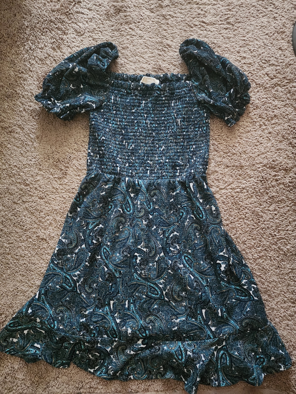 Michael Kors Teal and Navy Paisley Smocked Puff-Sleeve Dress